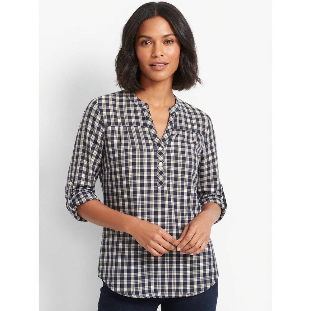 Lucky Brand Plaid Roll Tab Sleeve Henley Top Navy Blue White Medium